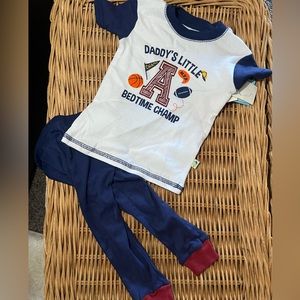 Daddy’s Lil Athlete in 2-piece pj set. SIZE 18 mo   Navy Blue, White w/maroon